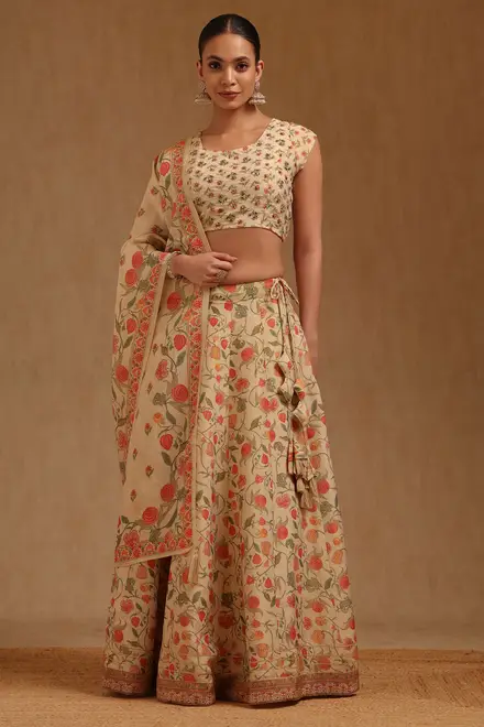 Beige Tissue Floral Printed Lehenga With Cutdana